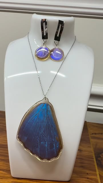 Blue butterfly wing pendant and matching earrings
